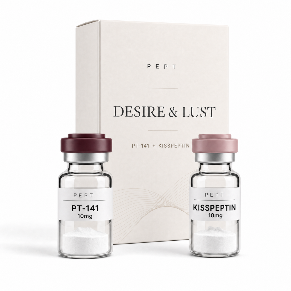 DESIRE & LUST Stack — PT-141 10mg and Kisspeptin 10mg vials with Pept box