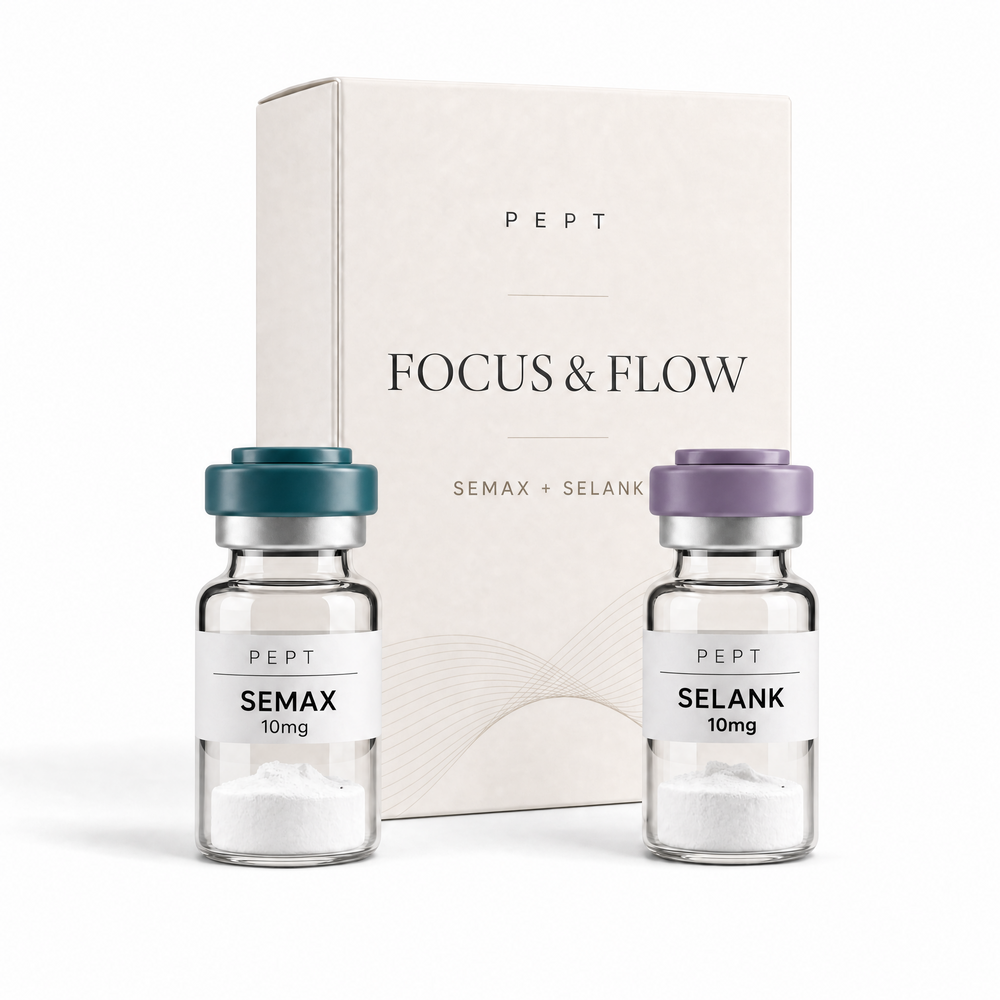FOCUS & FLOW Stack — Semax 10mg and Selank 10mg vials with Pept box