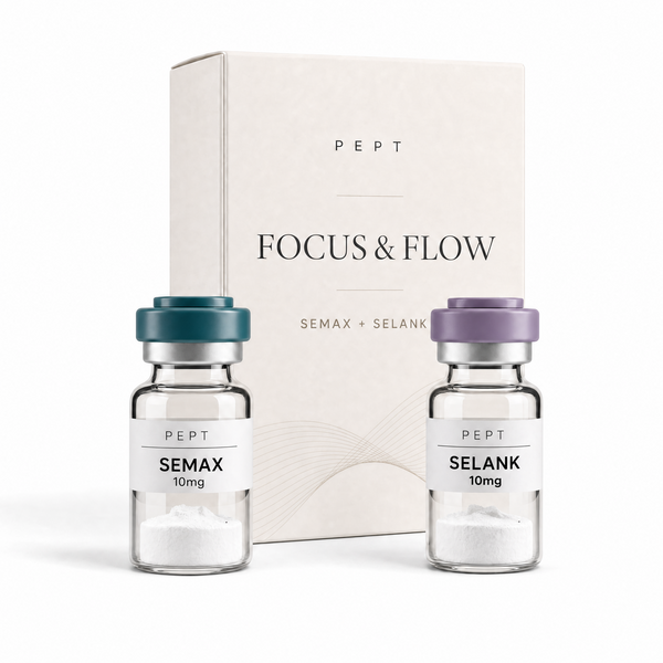 FOCUS & FLOW Stack — Semax 10mg and Selank 10mg vials with Pept box