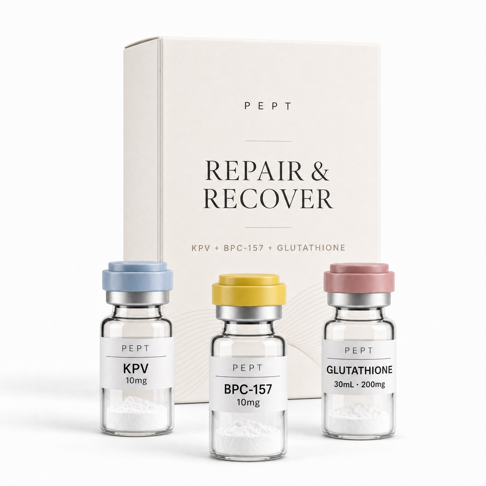 REPAIR & RECOVER Stack — KPV, BPC-157 and Glutathione vials with Pept box