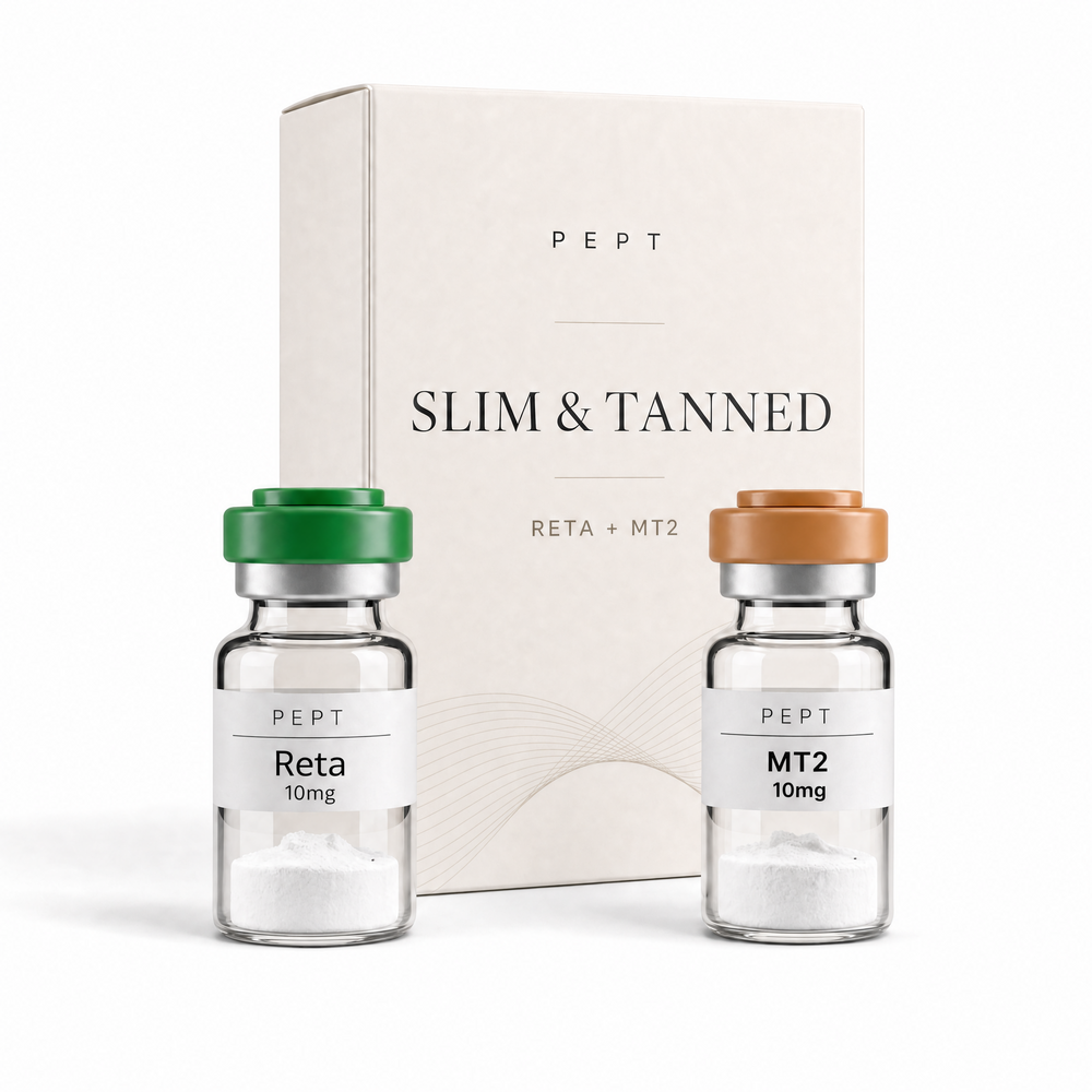 SLIM & TANNED Stack — Reta 10mg and MT2 10mg vials with Pept box
