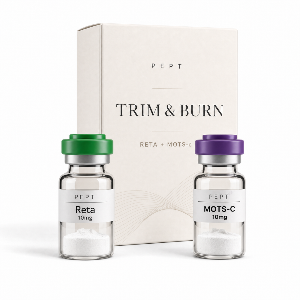 TRIM & BURN Stack — Reta 10mg and MOTS-c 10mg vials with Pept box