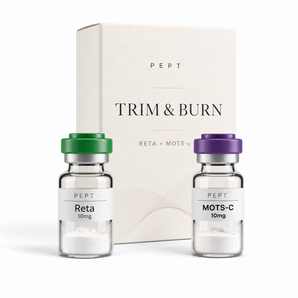 TRIM & BURN Stack — Reta 10mg and MOTS-c 10mg vials with Pept box